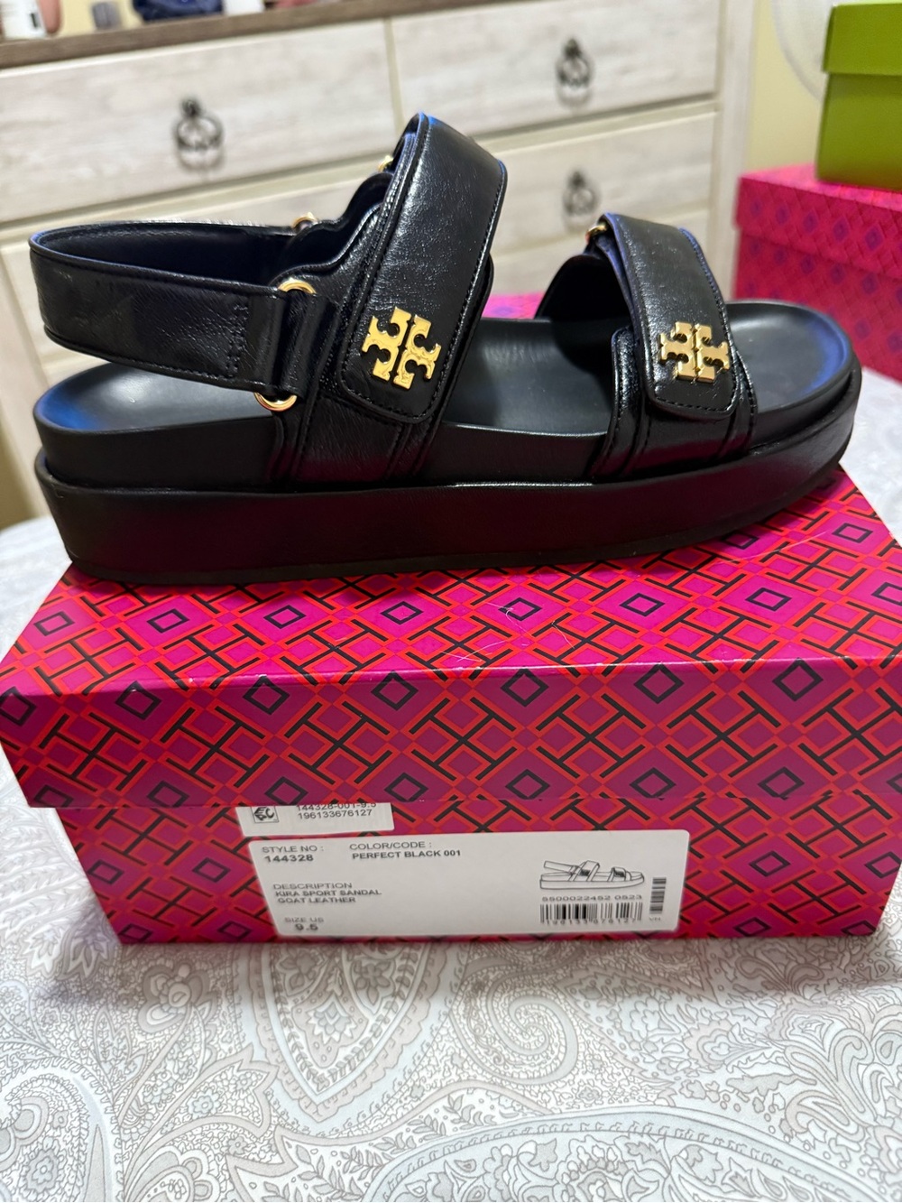 Tory Burch Black Leather Platform Sandals with Gold Logo Accents